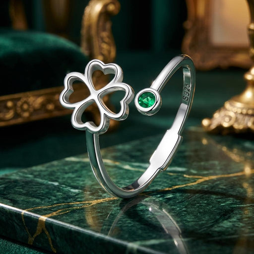 Bids.com 925 Sterling Silver Four-Leaf Clover Ring with Pavé CZ - 0.15cm Width Rings Black B,C