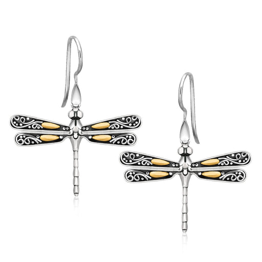 Bids.com 18k Yellow Gold and Sterling Silver Dragonfly Motif Drop Earrings Earrings White Smoke Yellow Gold & Sterling Silver