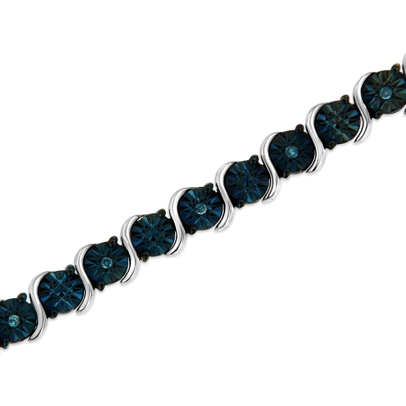 Bids.com .925 Sterling Silver 1/10 Cttw Miracle-Set Treated Blue Color Diamond Miracle Plate "S" Link Tennis Bracelet (Blue Color, I2- I3 Clarity) - 7.25" Bracelets White Smoke White.Sterling Silver / 7.25