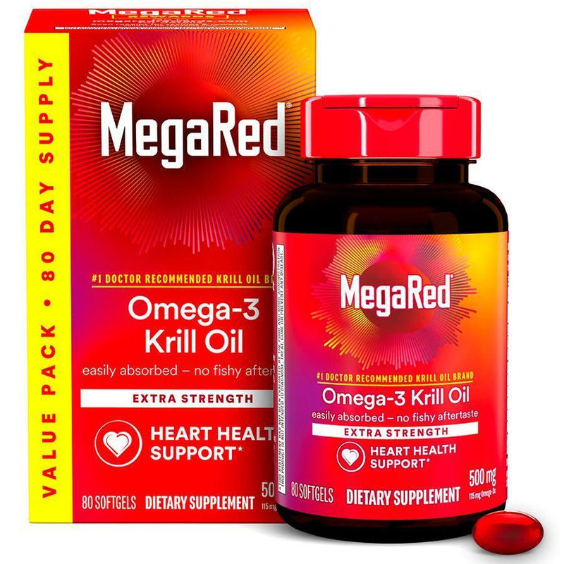 MegaRed MegaRed Extra Strength Omega-3 Krill Oil 500mg - Heart Health Support, 80 Softgels Vitamins & Supplements White Smoke