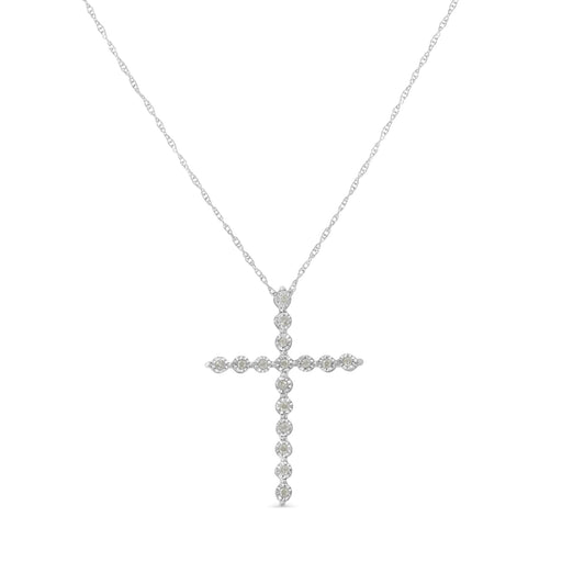 Bids.com .925 Sterling Silver 1/6 Cttw Brilliant-Cut Diamond Miracle-Set Shared Prong Cross 18" Pendant Necklace (I-J Color, I2-I3 Clarity) Necklaces White Smoke White.Sterling Silver / 18