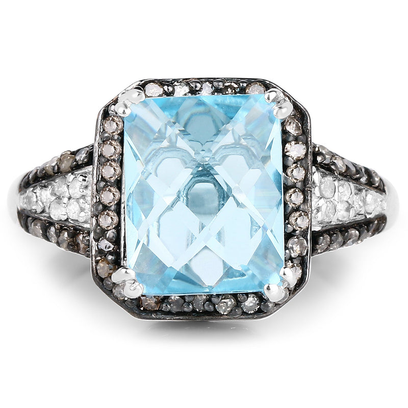 Bids.com 4.33 Carat Genuine Swiss Blue Topaz, Champagne Diamond & White Diamond .925 Sterling Silver Ring Rings White Smoke size 6.00,size 7.00,size 9.00,size 8.00,size 5.00,size 10.00