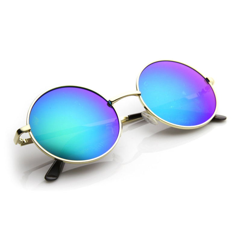 zeroUV Retro Hippie Round Flash Mirror Lens Metal Sunglasses 9636 Sunglasses White Smoke Gold Midnight,Gold Ice,Gold Fire
