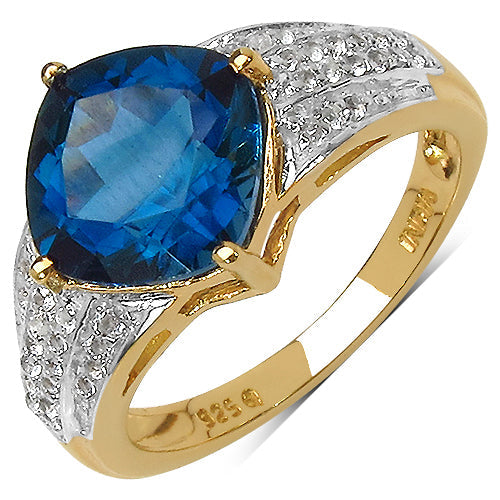 Bids.com 18K Yellow Gold Plated 3.83 Carat Genuine London Blue Topaz & White Topaz .925 Sterling Silver Ring Rings White Smoke size 7.00,size 6.00,size 8.00,size 9.00