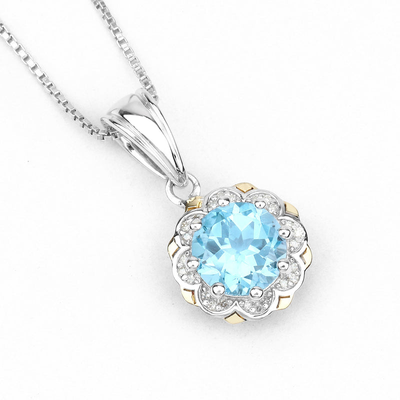 Bids.com 2.32 Carat Genuine Swiss Blue Topaz and White Diamond 14K Yellow Gold with .925 Sterling Silver Pendant Pendants White Smoke