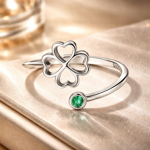 Bids.com 925 Sterling Silver Four-Leaf Clover Ring with Pavé CZ - 0.15cm Width Rings Antique White B,C