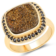 Bids.com 14K Yellow Gold Plated 6.19 Carat Genuine Drusy Quartz and Black Spinel .925 Sterling Silver Ring Rings White Smoke size 7.00,size 6.00,size 8.00,size 9.00