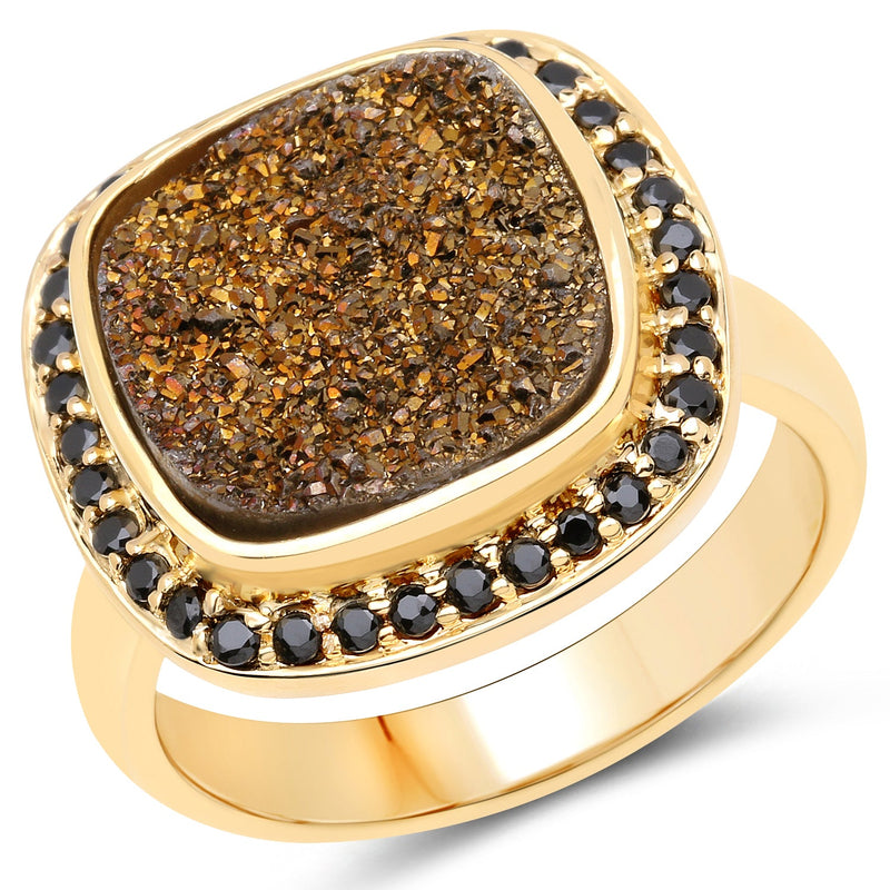 Bids.com 14K Yellow Gold Plated 6.19 Carat Genuine Drusy Quartz and Black Spinel .925 Sterling Silver Ring Rings White Smoke size 7.00,size 6.00,size 8.00,size 9.00