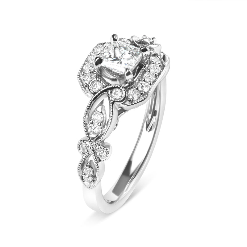 Bids.com 14K White Gold Diamond 3/4 Cttw Diamond Halo Style and Woven Shank Engagement Ring (G-H Color, VS2-SI1 Clarity) - Size 7 Rings White Smoke 7 / White.Gold