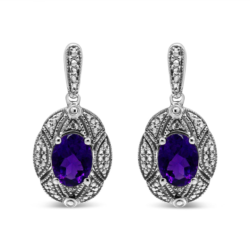 Bids.com .925 Sterling Silver Diamond Accent and 8x6mm Purple Oval Amethyst Stud Earrings (I-J Color, I1-I2 Clarity) Earrings White Smoke White.Sterling Silver / 0.02