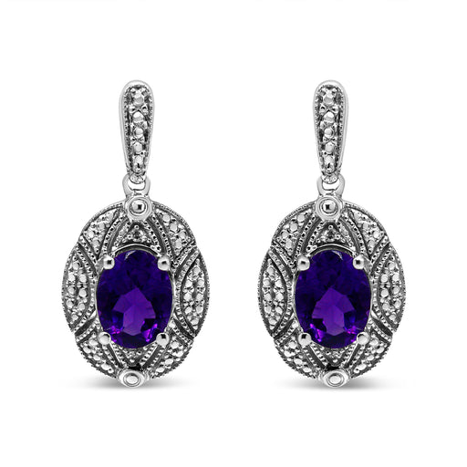 Bids.com .925 Sterling Silver Diamond Accent and 8x6mm Purple Oval Amethyst Stud Earrings (I-J Color, I1-I2 Clarity) Earrings White Smoke White.Sterling Silver / 0.02