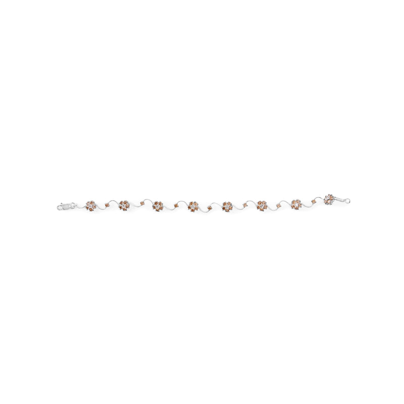 Bids.com 10K White Gold 4.0 Cttw Champagne and White Diamond Floral Cluster and Station Link Bracelet (H-I Color, SI2-I1 Clarity) - 7" Inches Bracelets White Smoke White.Gold / 7