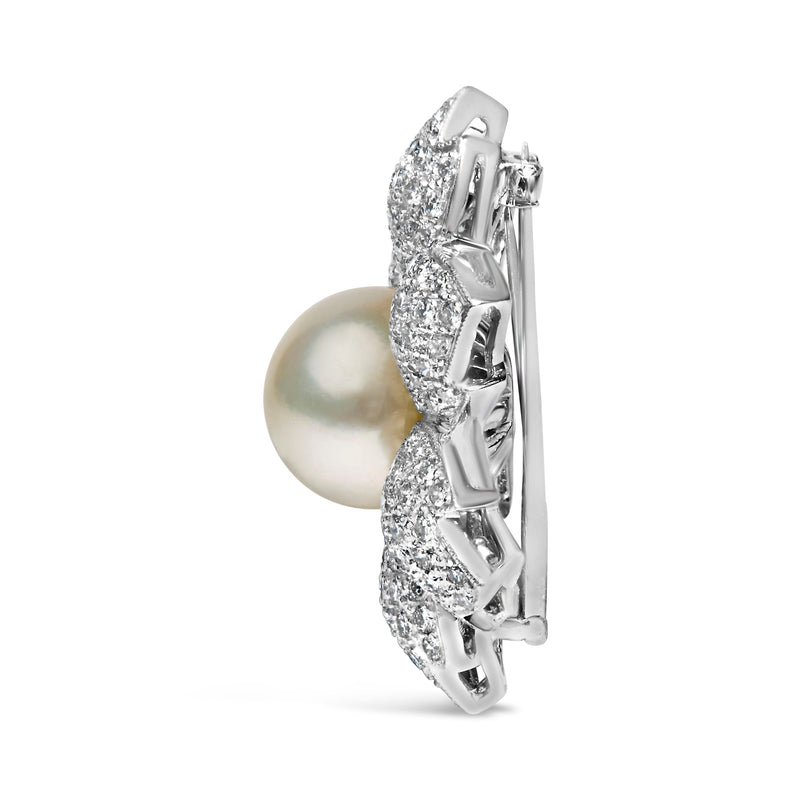 Bids.com 18K White Gold 2 3/4 Cttw Diamond and 12.5 MM Cultured Freshwater Pearl Floral Brooch Pin (G-H Color, VS1-VS2 Clarity) Accessories White Smoke White.Gold / 2.81