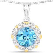 Bids.com 2.32 Carat Genuine Swiss Blue Topaz and White Diamond 14K Yellow Gold with .925 Sterling Silver Pendant Pendants White Smoke
