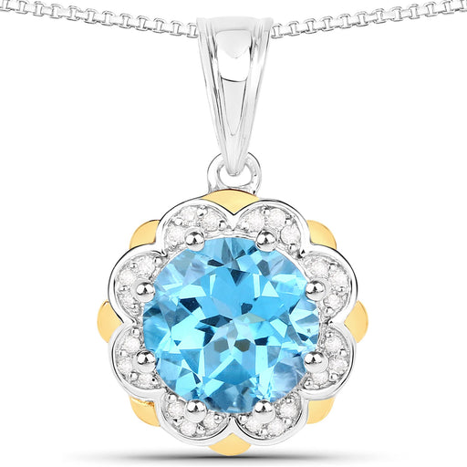 Bids.com 2.32 Carat Genuine Swiss Blue Topaz and White Diamond 14K Yellow Gold with .925 Sterling Silver Pendant Pendants White Smoke