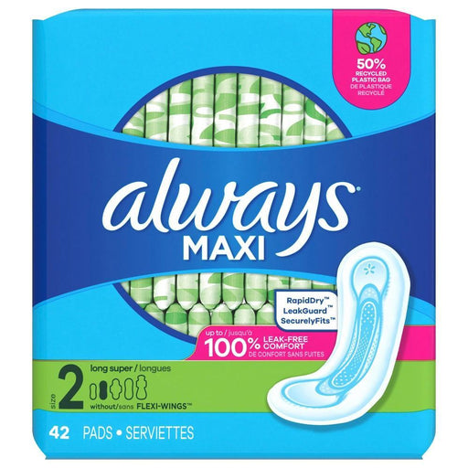 Always Always Maxi Pads with Wings, Size 2 Long, Unscented, 42 Count Feminine Pads & Protectors Deep Sky Blue