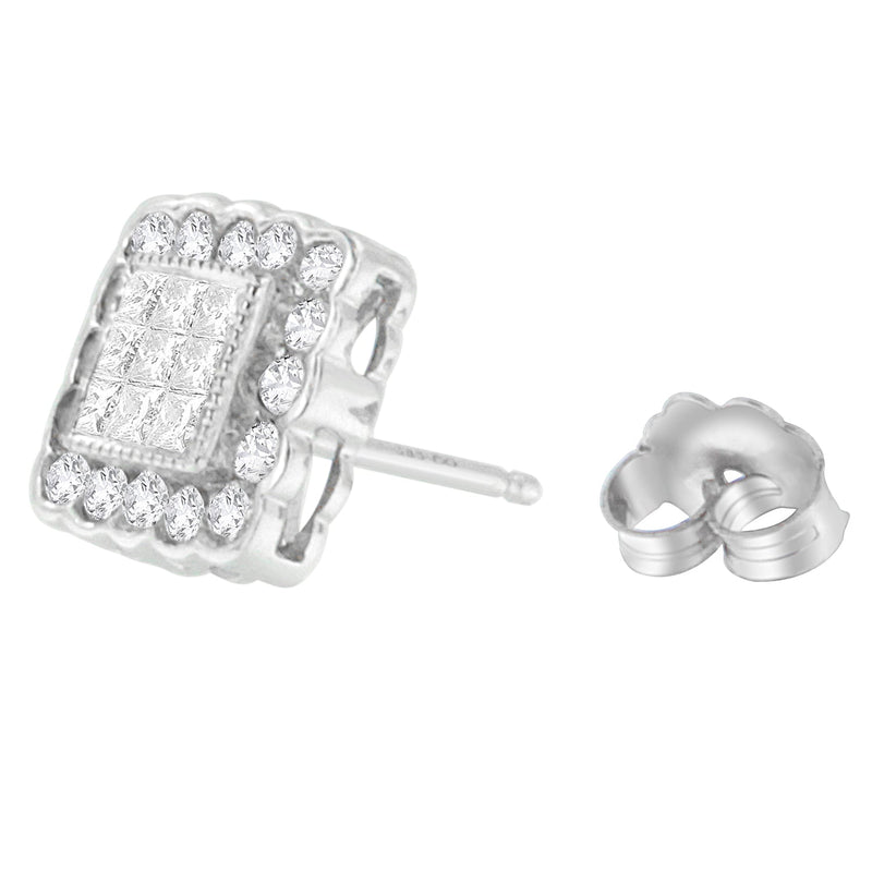 Bids.com 14K White Gold 1.0 Cttw Round Brilliant & Princess Cut Diamond Scallop-Edge Framed Square Halo Stud Earrings (G-H Color, SI1-SI2 Clarity) Earrings White Smoke White.Gold / 1.01