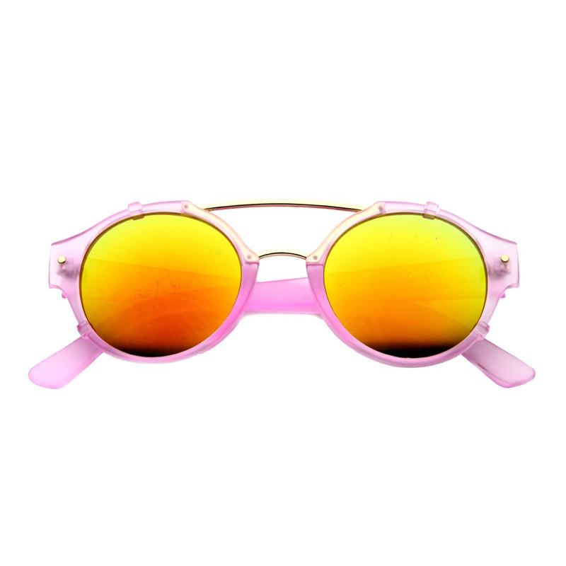 zeroUV Colorful Retro Round P3 Mirror Lens Cross Bar Sunglasses 9648 Sunglasses White Smoke Pink Fire