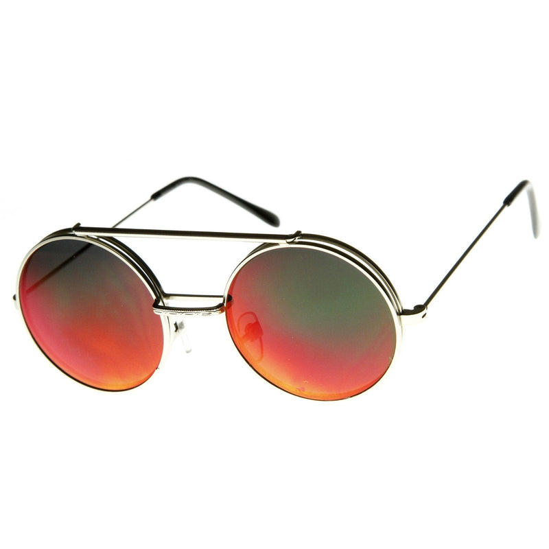 zeroUV Retro Round Steampunk Mirrored Lens Flip Up Sunglasses 8966 Sunglasses White Smoke Gold Orange
