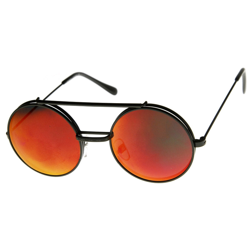 zeroUV Retro Round Steampunk Mirrored Lens Flip Up Sunglasses 8966 Sunglasses White Smoke Black Fire