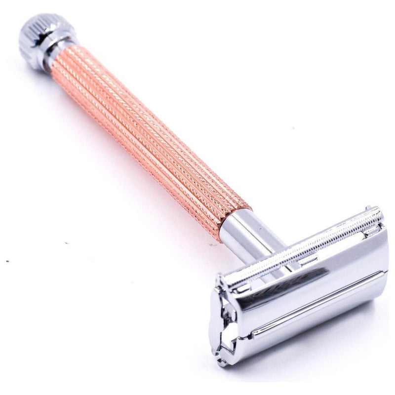 Parker Parker 29L Rose Gold Long Handle Butterfly Open Safety Razor with 5 Parker Plati Safety Razor Light Gray