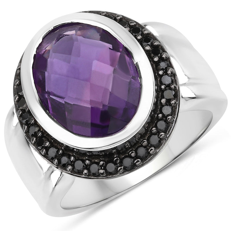 Bids.com 5.35 Carat Genuine Amethyst and Black Spinel .925 Sterling Silver Ring Rings White Smoke size 6.00,size 7.00,size 8.00