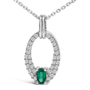 Bids.com .925 Sterling Silver Created Green Emerald and White Sapphire Oval Shaped Pendant Necklace - 18" Inches Necklaces White Smoke White.Sterling Silver / 18