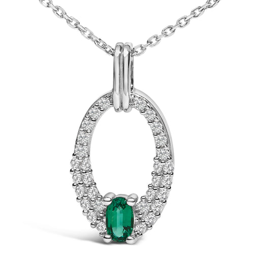 Bids.com .925 Sterling Silver Created Green Emerald and White Sapphire Oval Shaped Pendant Necklace - 18" Inches Necklaces White Smoke White.Sterling Silver / 18