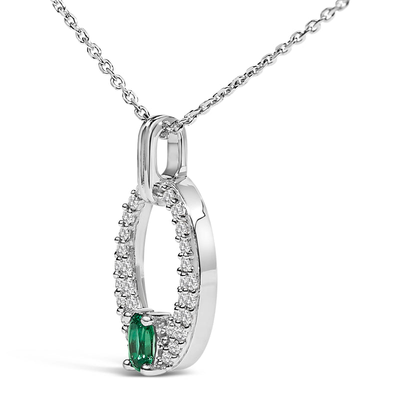 Bids.com .925 Sterling Silver Created Green Emerald and White Sapphire Oval Shaped Pendant Necklace - 18" Inches Necklaces White Smoke White.Sterling Silver / 18