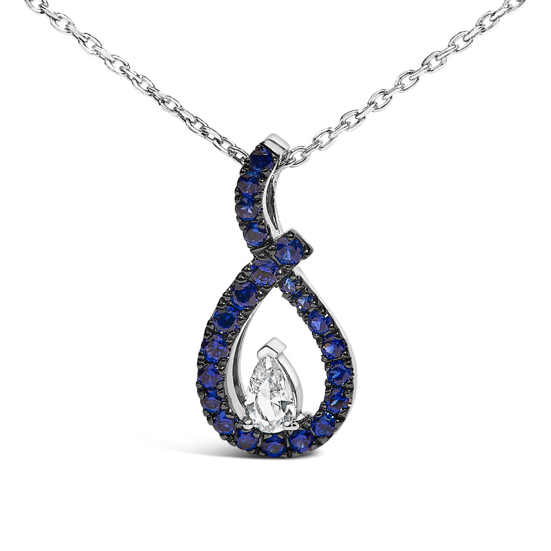 Bids.com .925 Sterling Silver Created Blue and White Sapphire Teardrop Shaped Pendant Necklace - 18" Inches Necklaces White Smoke White.Sterling Silver / 18