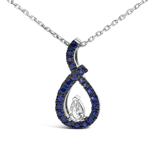 Bids.com .925 Sterling Silver Created Blue and White Sapphire Teardrop Shaped Pendant Necklace - 18" Inches Necklaces White Smoke White.Sterling Silver / 18