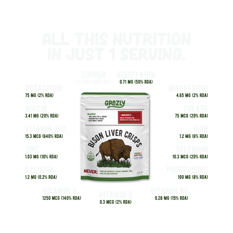 Grazly Bison Liver Crisps - 100% Grass-Fed/Finished Bison Crisp White Smoke Plain / 1 Pack,Plain / 2 Pack,Plain / 4 Pack,Plain / 8 Pack,Old Fashioned / 1 Pack,Old Fashioned / 2 Pack,Old Fashioned / 4 Pack,Old Fashioned / 8 Pack,Smoky Barbecue / 1 Pack,Smoky Barbecue / 2 Pack,Smoky Barbecue / 4 Pack,Smoky Barbecue / 8 Pack