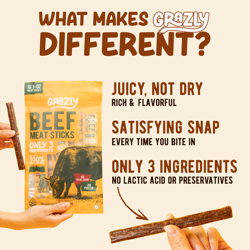 Grazly Plain Beef Meat Sticks - 100% Grass-Fed & Finished Antique White 10 Pack,20 Pack,30 Pack