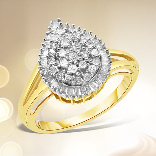 Bids.com 10K Yellow Gold 1/2 Cttw Round and Baguette-Cut Diamond Pear Ring (I-J Color, I1-I2 Clarity) - Size 7 Rings White Smoke 7 / Yellow.Gold
