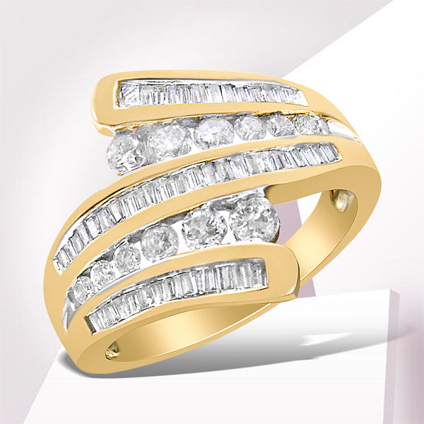 Bids.com 10K Yellow Gold 1 Cttw Round and Baguette-Cut Diamond Multi Row Bypass Ring Band (H-I Color, I1-I2 Clarity) - Ring Size 7 Rings White Smoke 7 / Yellow.Gold