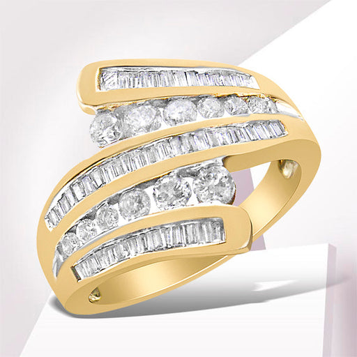 Bids.com 10K Yellow Gold 1 Cttw Round and Baguette-Cut Diamond Multi Row Bypass Ring Band (H-I Color, I1-I2 Clarity) - Ring Size 7 Rings White Smoke 7 / Yellow.Gold