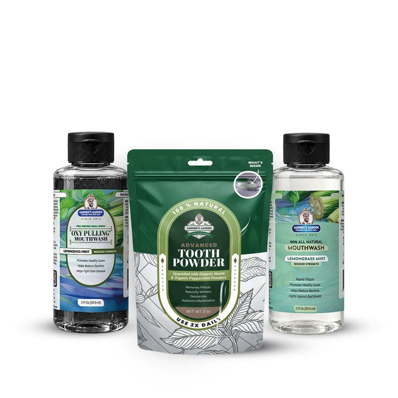 Garner's Garden Travel Sized Oral Care Trio | Trio | H2O2 | Fluoride Free Oral Care White Smoke Lemongrassmint / 2oz Rinses / Reduced Strength + 2oz Organic Tooth Powder