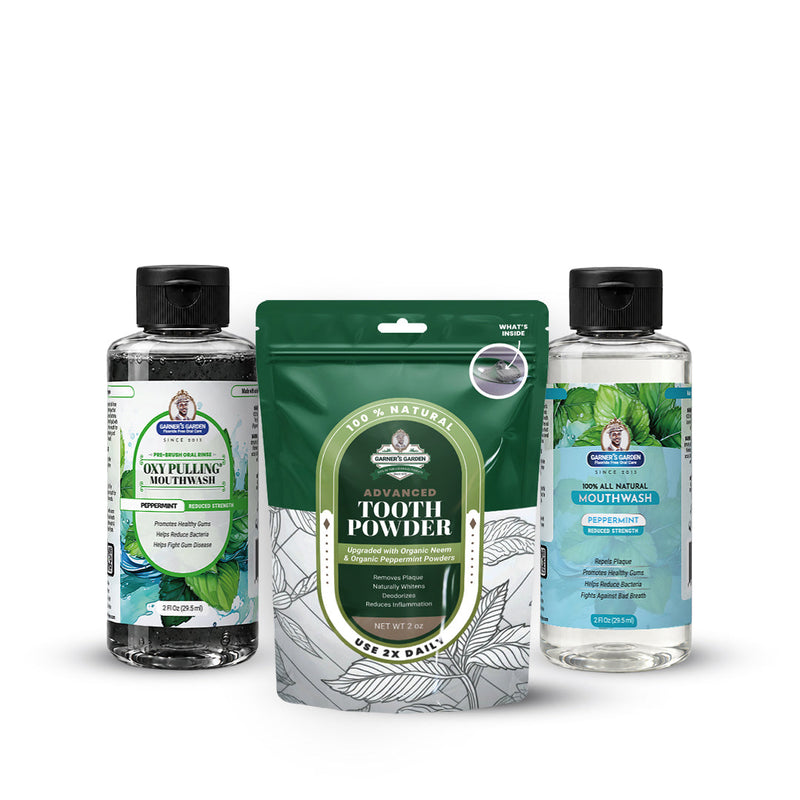Garner's Garden Travel Sized Oral Care Trio | Trio | H2O2 | Fluoride Free Oral Care White Smoke Peppermint / 2oz Rinses / Reduced Strength + 2oz Organic Tooth Powder