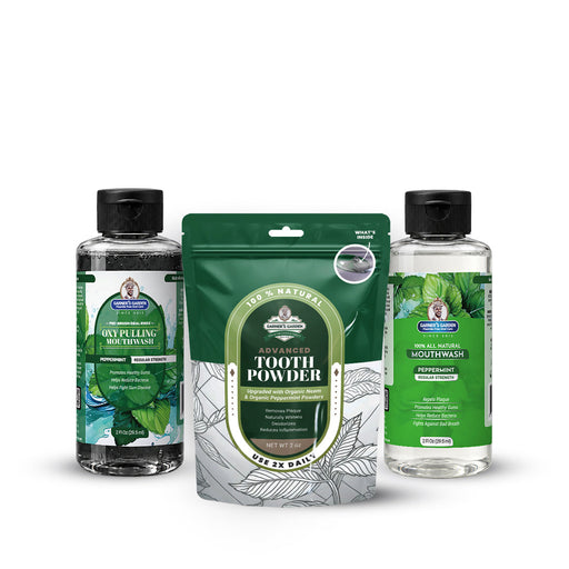 Garner's Garden Travel Sized Oral Care Trio | Trio | H2O2 | Fluoride Free Oral Care White Smoke Peppermint / 2oz Rinses / Regular Strength + 2oz Organic Tooth Powder