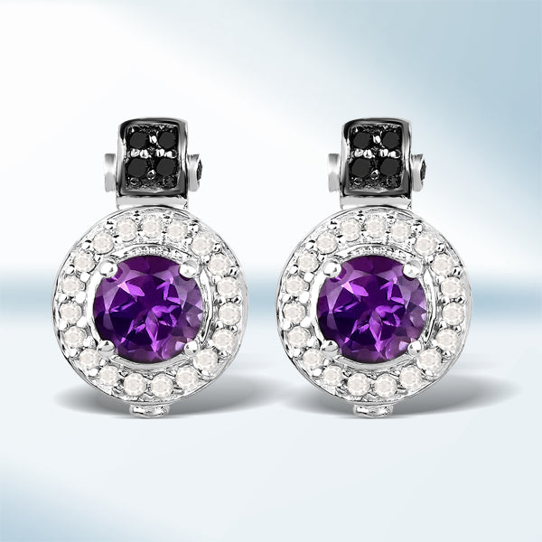 Bids.com 2.29 Carat Genuine Amethyst, Black Diamond and White Diamond .925 Sterling Silver Earrings Earrings White Smoke