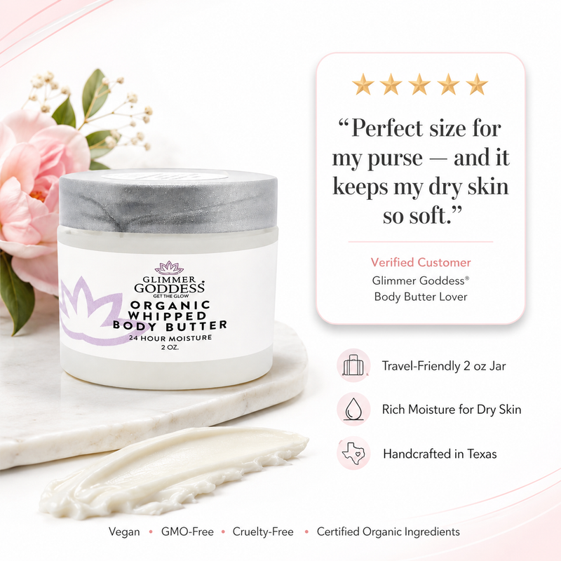 Glimmer Goddess® Organic Skin Care Organic Whipped Body Butter 2 oz – Mini Travel Size for Dry Skin & Eczema Lotions & Creams White Smoke Autumn Breeze,Caribbean Breeze,Candy Cane,Christmas Cookie,Cinnamon Apple,Citrus Basil,Citrus Crush,Citrus Mango,Coastal Reverie,Coconut Lime,Evening Snow,Frankincense & Myrrh,Honeysuckle,Jasmine,Lavender,Lavender Lemon,Lavender Orange,Lemon Cream,Lemon V