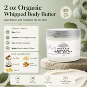 Glimmer Goddess® Organic Skin Care Organic Whipped Body Butter 2 oz – Mini Travel Size for Dry Skin & Eczema Lotions & Creams Seashell Autumn Breeze,Caribbean Breeze,Candy Cane,Christmas Cookie,Cinnamon Apple,Citrus Basil,Citrus Crush,Citrus Mango,Coastal Reverie,Coconut Lime,Evening Snow,Frankincense & Myrrh,Honeysuckle,Jasmine,Lavender,Lavender Lemon,Lavender Orange,Lemon Cream,Lemon V