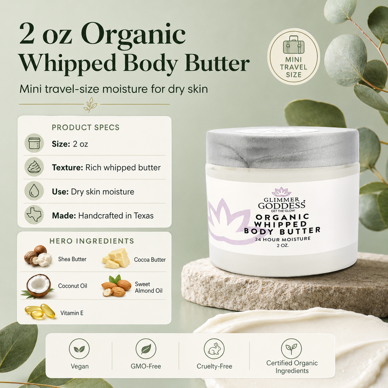 Glimmer Goddess® Organic Skin Care Organic Whipped Body Butter 2 oz – Mini Travel Size for Dry Skin & Eczema Lotions & Creams Seashell Autumn Breeze,Caribbean Breeze,Candy Cane,Christmas Cookie,Cinnamon Apple,Citrus Basil,Citrus Crush,Citrus Mango,Coastal Reverie,Coconut Lime,Evening Snow,Frankincense & Myrrh,Honeysuckle,Jasmine,Lavender,Lavender Lemon,Lavender Orange,Lemon Cream,Lemon V