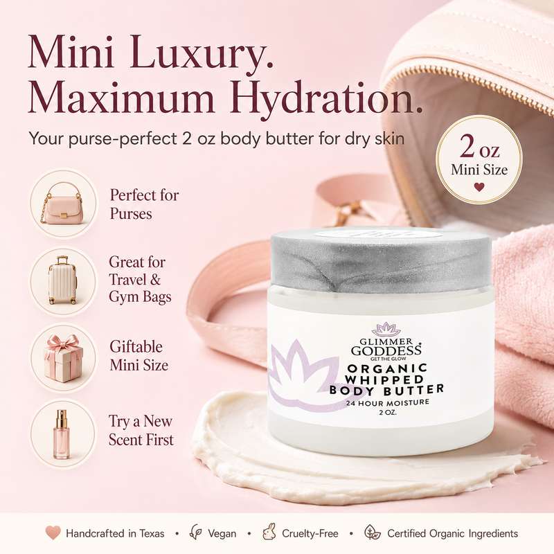 Glimmer Goddess® Organic Skin Care Organic Whipped Body Butter 2 oz – Mini Travel Size for Dry Skin & Eczema Lotions & Creams Misty Rose Autumn Breeze,Caribbean Breeze,Candy Cane,Christmas Cookie,Cinnamon Apple,Citrus Basil,Citrus Crush,Citrus Mango,Coastal Reverie,Coconut Lime,Evening Snow,Frankincense & Myrrh,Honeysuckle,Jasmine,Lavender,Lavender Lemon,Lavender Orange,Lemon Cream,Lemon V