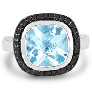 Bids.com 5.23 Carat Genuine Baby Swiss Blue Topaz and Black Diamond .925 Sterling Silver Ring Rings White Smoke size 6.00,size 7.00,size 8.00,size 9.00