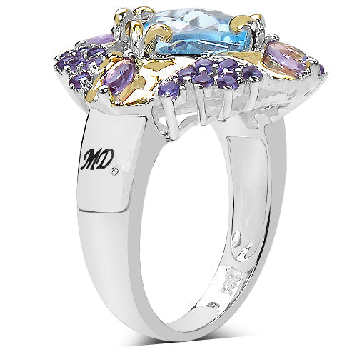 Bids.com 5.66 Carat Genuine Blue Topaz, Amethyst & White Diamond .925 Sterling Silver Ring Rings White Smoke size 8.00,size 6.00,size 7.00,size 9.00