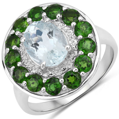 Bids.com 2.96 Carat Genuine Aquamarine and Chrome Diopside .925 Sterling Silver Ring Rings White Smoke size 7.00,size 6.00,size 8.00,size 5.00,size 9.00