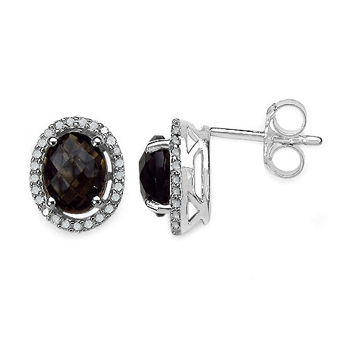 Bids.com 2.39 Carat Genuine White Diamond & Smoky Quartz .925 Sterling Silver Earrings Earrings White Smoke