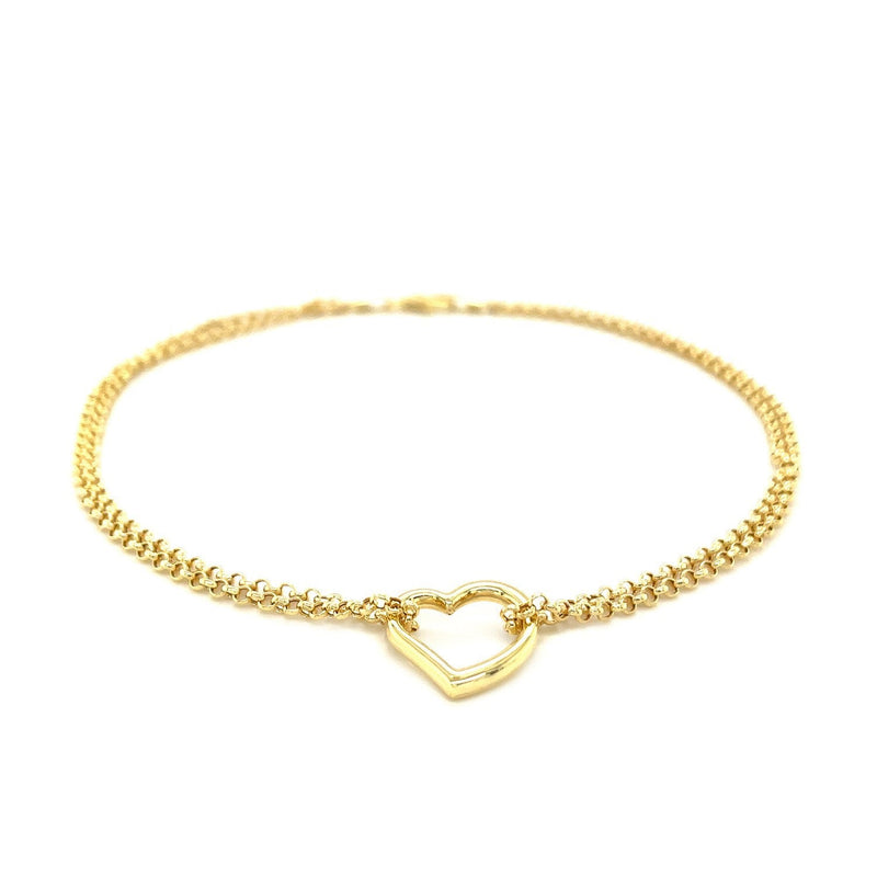 Bids.com 14k Yellow Gold Double Rolo Chain Anklet with an Open Heart Station Accessories White Smoke 10 / Yellow Gold