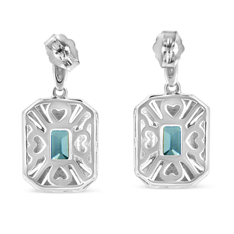 Bids.com .925 Sterling Silver 7x5MM Emerald Shape Blue Topaz and Diamond Accent Art Deco Halo Style Drop and Dangle Earrings (I-J Color, I1-I2 Clarity) Earrings White Smoke White.Sterling Silver / 0.04
